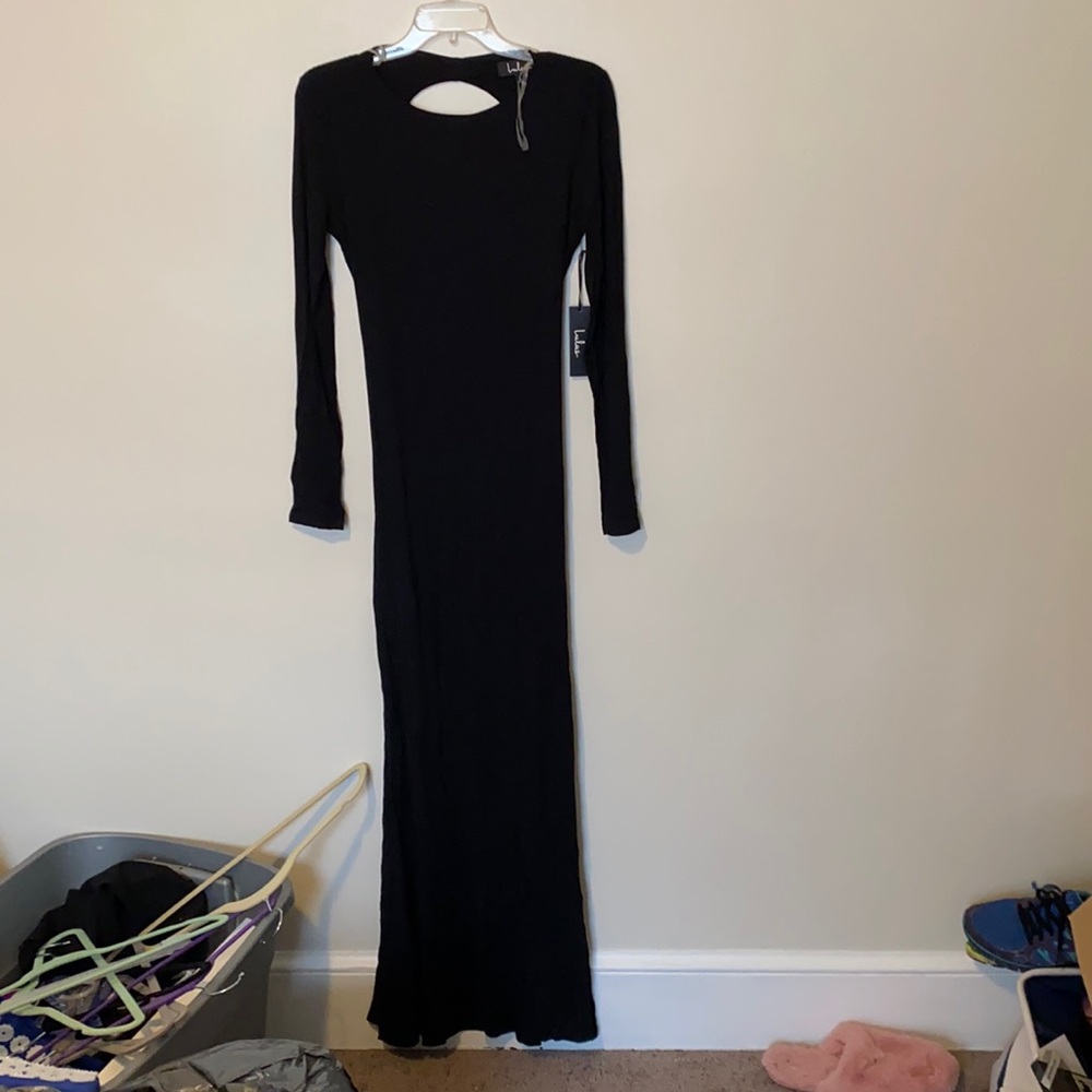 Long sleeve, floor length open back dress